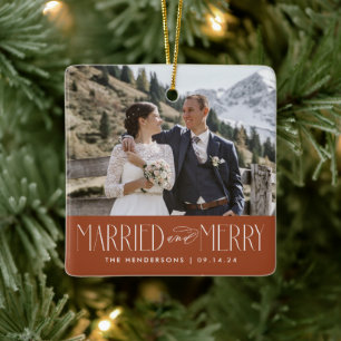 Elegant Newlywed Photo Married and Merry Ceramic Ornament