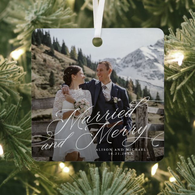 Elegant Newlywed Photo Married and Merry  Metal Or Metal Ornament (Insitu)