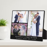 Elegant Newlyweds 3 Photo Collage Black Wedding Plaque<br><div class="desc">Elegant newlywed keepsake black plaque to celebrate your wedding featuring a 3 photo collage of your special day,  "Happily Ever After" in classic white serif typography,  and your names and wedding date in simple modern white lettering.</div>