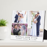 Elegant Newlyweds 3 Photo Collage Wedding Plaque<br><div class="desc">Elegant newlywed keepsake plaque to celebrate your wedding featuring a 3 photo collage of your special day,  "Happily Ever After" in classic serif typography,  and your names and wedding date in simple modern lettering.</div>