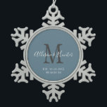 Elegant Newlyweds Established Blue Monogram Name Snowflake Pewter Christmas Ornament<br><div class="desc">Give a perfect keepsake with this Elegant Newlyweds Established Blue Monogram Name Snowflake Pewter Christmas Ornament. It is a modern customizable design in dusty blue, white and grey. Bride and groom's first names are on the centre in modern white handwriting script lettering and initial of new last name is in...</div>
