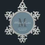 Elegant Newlyweds Established Blue Monogram Name Snowflake Pewter Christmas Ornament<br><div class="desc">Give a perfect keepsake with this Elegant Newlyweds Established Blue Monogram Name Snowflake Pewter Christmas Ornament. It is a modern customizable design in dusty blue, white and grey. Bride and groom's first names are on the centre in modern white handwriting script lettering and initial of new last name is in...</div>