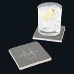 Elegant Newlyweds Established Monogram Name Grey Stone Coaster<br><div class="desc">Give a perfect keepsake with this Elegant Newlyweds Established Monogram Name Grey Stone Coaster. It is a modern customizable design in dark grey, white and light grey. Bride and groom's first names are on the centre in modern white handwriting script lettering and initial of new last name is in grey....</div>