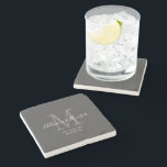 Elegant Newlyweds Established Monogram Name Grey Stone Coaster<br><div class="desc">Give a perfect keepsake with this Elegant Newlyweds Established Monogram Name Grey Stone Coaster. It is a modern customizable design in dark grey, white and light grey. Bride and groom's first names are on the centre in modern white handwriting script lettering and initial of new last name is in grey....</div>