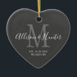 Elegant Newlyweds Established Monogram Name Heart Ceramic Ornament<br><div class="desc">Give a perfect keepsake with this Elegant Newlyweds Established Monogram Name Heart Ceramic Ornament. It is a modern customizable design in dark grey, white and light grey. Bride and groom's first names are on the centre in modern white handwriting script lettering and initial of new last name is in grey....</div>