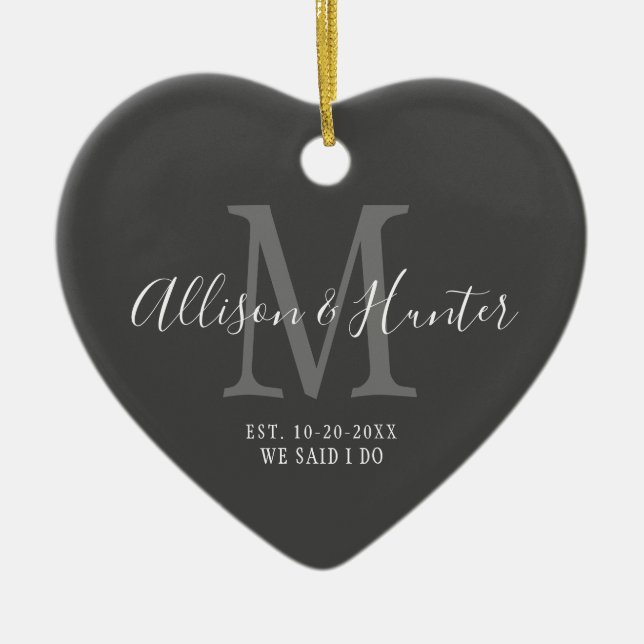 Elegant Newlyweds Established Monogram Name Heart Ceramic Ornament (Front)