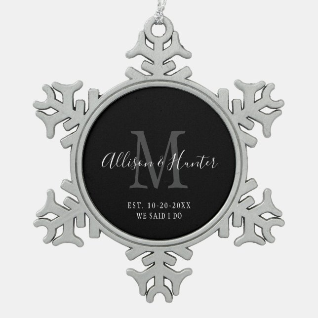 Elegant Newlyweds Established Monogram Name Snowflake Pewter Christmas Ornament (Front)