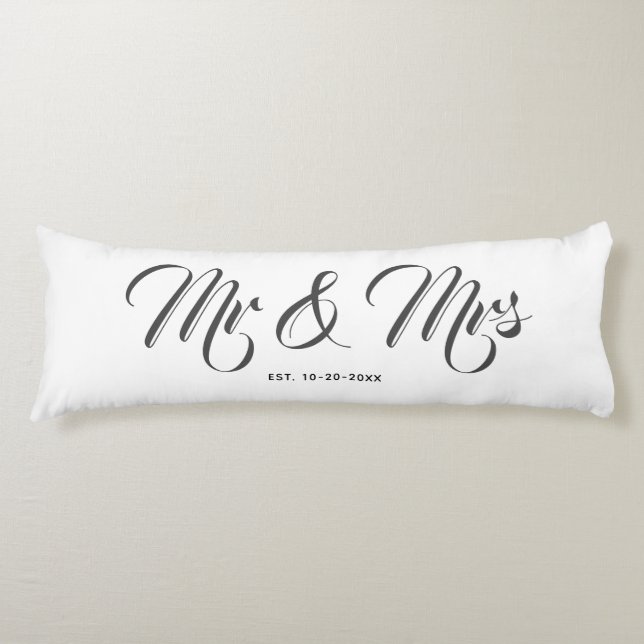 Elegant Newlyweds Mr And Mrs White Grey Script Body Pillow (Front)