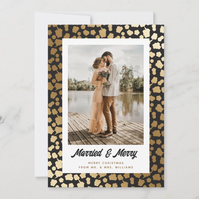 Elegant Newlyweds Photo Christmas Black Gold Holiday Card (Front)