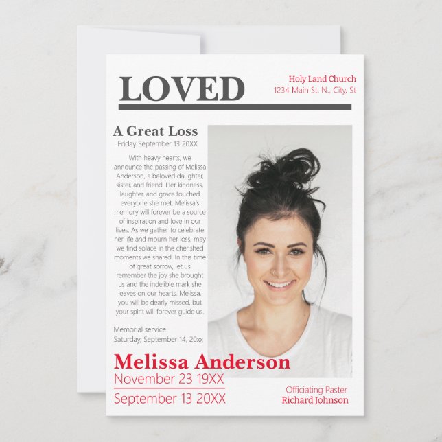 Elegant Newspaper Style Funeral Invitation (Front)
