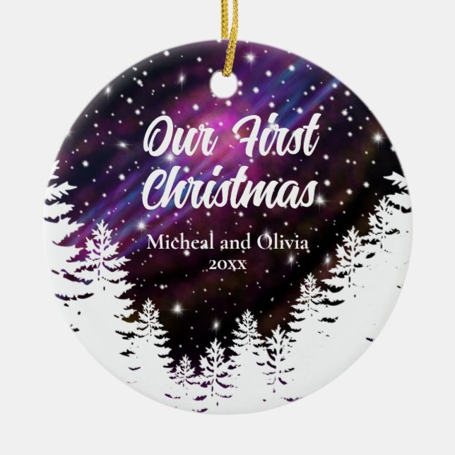 Elegant night starry sky pine trees personalize ceramic ornament (Front)