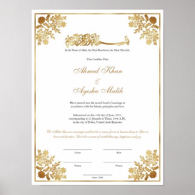 Elegant Nikkah Certificate Muslim Islamic Wedding Poster (Front)