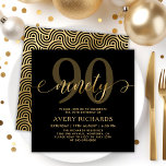 Elegant Ninety Gold Script Black 90th Birthday Invitation<br><div class="desc">Elegant Chic Black and Gold Ninety Script 90th Birthday Invitation. This modern birthday party invitation template features stylish „ninety” text in huge faux gold foil swirly handwritten calligraphy (or typography) script with swash tails, paired with the number “90” for added emphasis, party details in gold colour on black background. At...</div>
