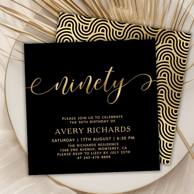 Elegant Ninety Gold Script Black 90th Birthday Invitation (Creator Uploaded)