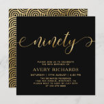 Elegant Ninety Gold Script Black 90th Birthday Invitation<br><div class="desc">Elegant Chic Black and Gold Ninety Script 90th Birthday Invitation. This modern birthday party invitation template features stylish „ninety” text in huge faux gold foil swirly handwritten calligraphy (or typography) script with swash tails, party details in gold colour on black background. At the reverse side faux gold foil swirling wave...</div>