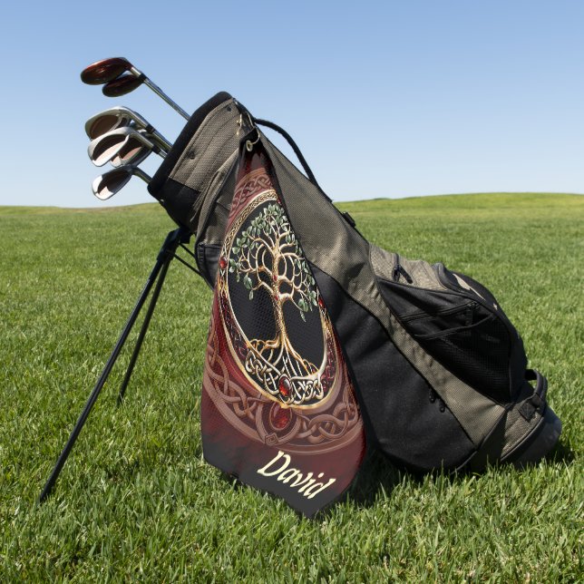 Elegant noble tree of life with celtic knot. golf towel (Green)