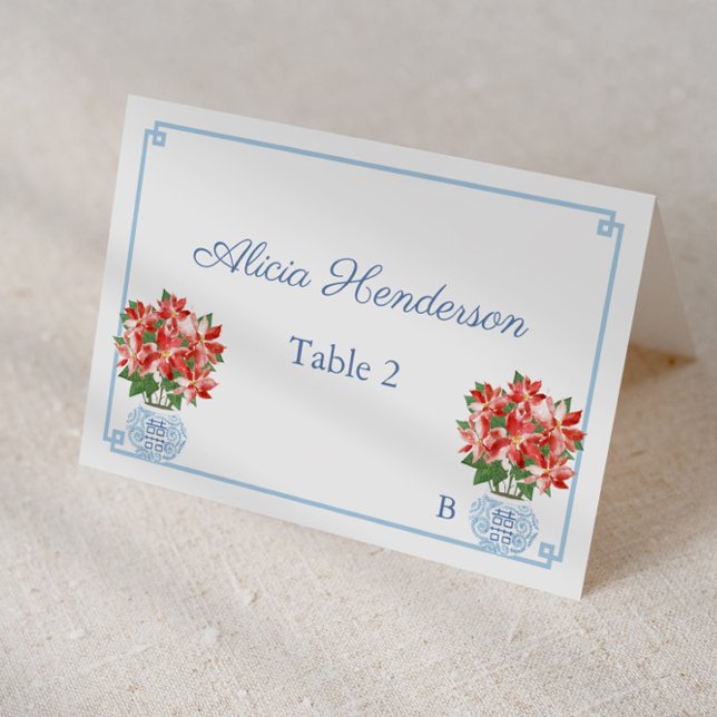 Élégant Noël Buffet de vacances Déjeuner Carte de  (Red poinsettia ginger jar christmas holidays individual place card design)