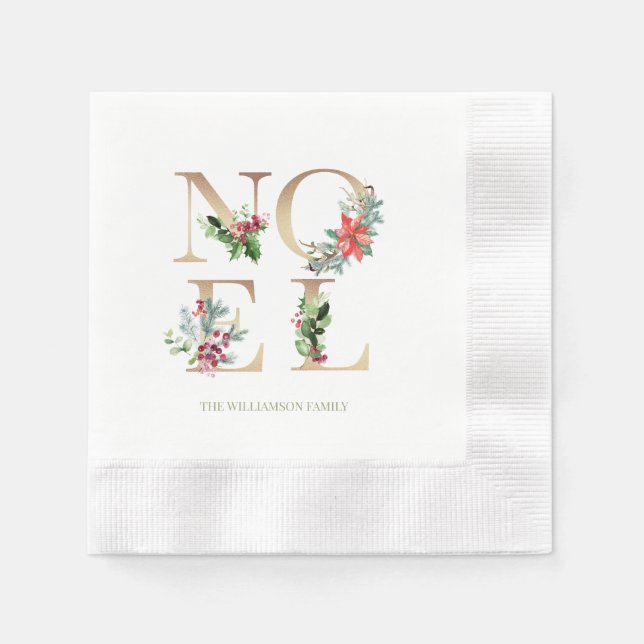 Elegant Noel Christmas Gold Greenery Berries Green Napkin (Front)