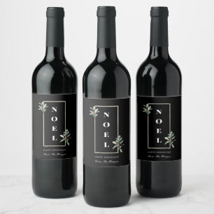 Elegant NOEL Gold Winter Berry Frame Black Wine Label