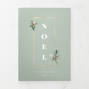 Elegant NOEL Gold Winter Berry Frame Photo Mint Tri-Fold Holiday Card