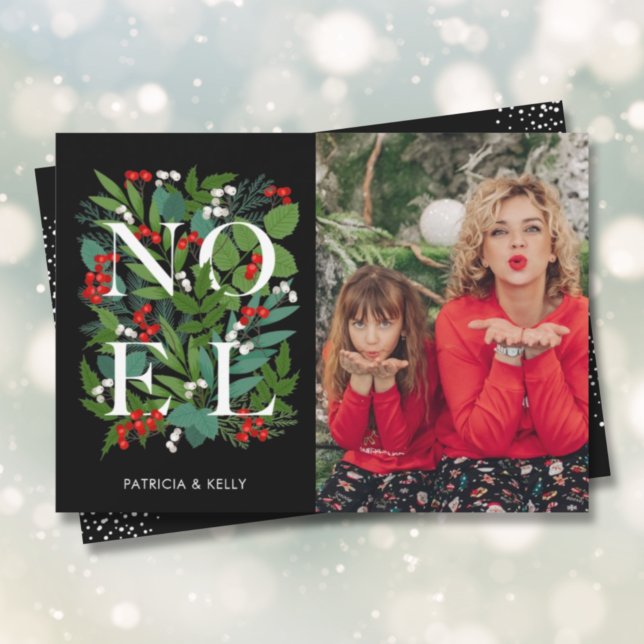 Elegant NOEL Greenery on Black Photo Holiday Card (Creator Uploaded)