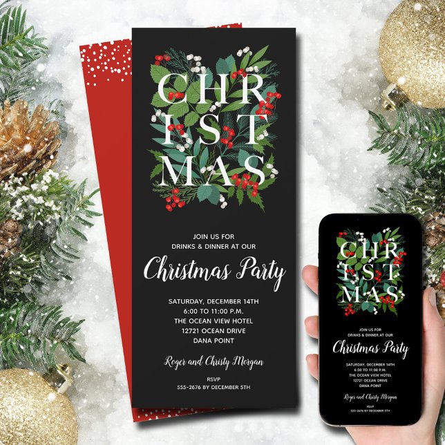 Élégant NOËL Invitations de fête de verdure (Elegant CHRISTMAS typography on greens and berries invitations - INSTANT DOWNLOAD and/or PRINTED)
