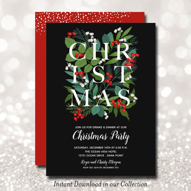 Élégant NOËL Invitations de fête de verdure (INSTANT DOWNLOAD available in our collection - CHRISTMAS Greenery Party Invitations)