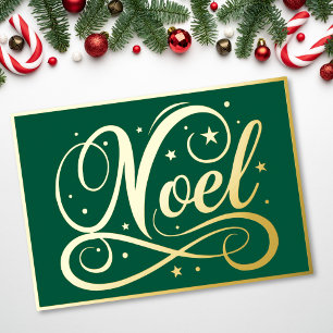 Elegant Noel Script Green Gold Christmas Foil Holiday Card
