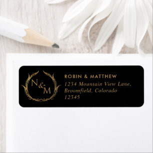 Élégant Noir avec Mariage Monogramme Or Étiquette