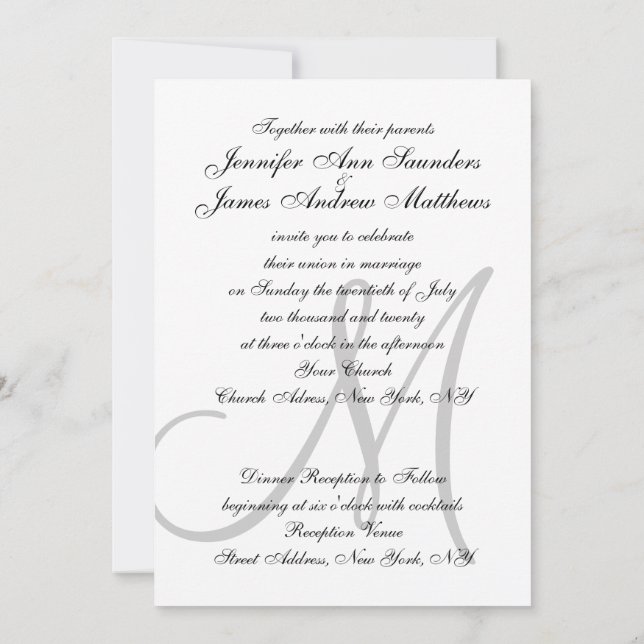 Elégant Noir Blanc Mariage Invitations Initiales (Dos)