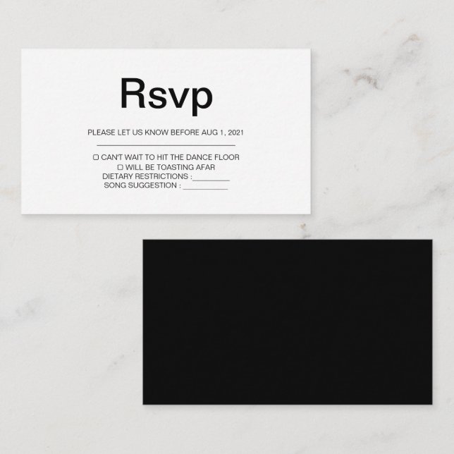 Elégant noir & blanc Simple Mariage carte Rsvp (Devant / Derrière)