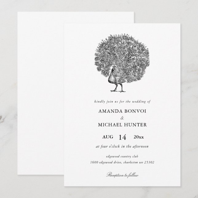 Elégant noir blanc Vintage Peacock Invitation (Devant / Derrière)