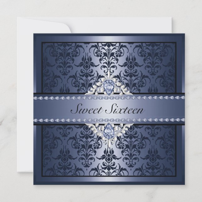 Élégant noir & bleu Damask Sweet16 Invitation (Devant)