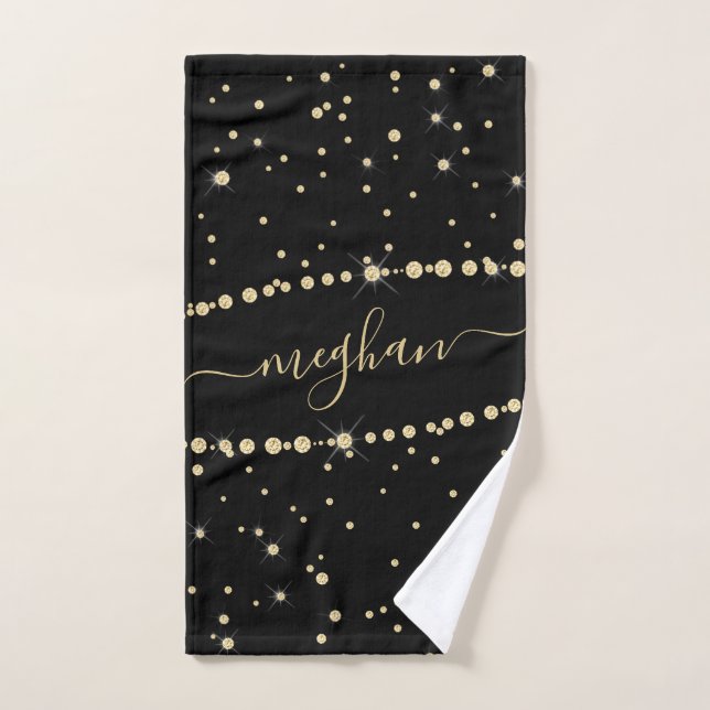 Élégant Noir Confetti Parties scintillant Monogram (Serviette à main)