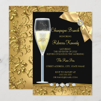 Elégant Noir Damask Champagne Brunch Invitation