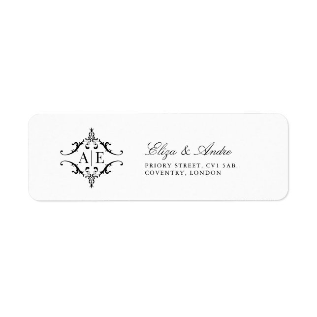 Élégant noir et blanc Crest Monogram Mariage Étiqu (Devant)