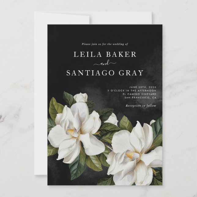 Elégant Noir et Blanc Magnolia Mariage Invitation (Devant)