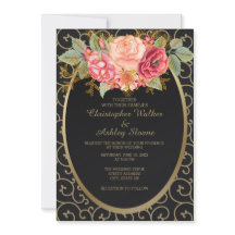 Elégant Noir et Or avec mariage Rose Invitation