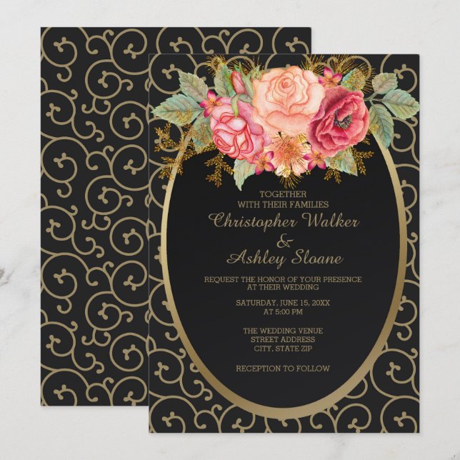 Elégant Noir et Or avec mariage Rose Invitation (Devant / Derrière)