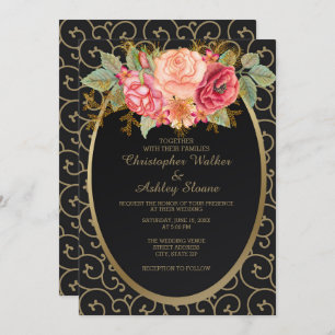 Elégant Noir et Or avec mariage Rose Invitation