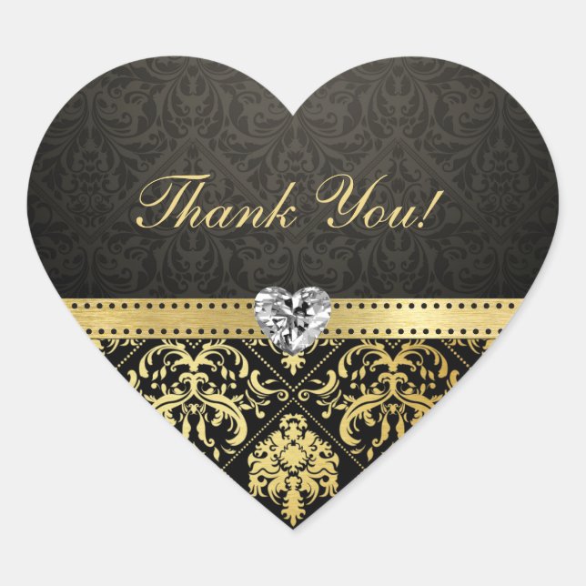 Élégant Noir et Or Damask Merci Stickers (Devant)