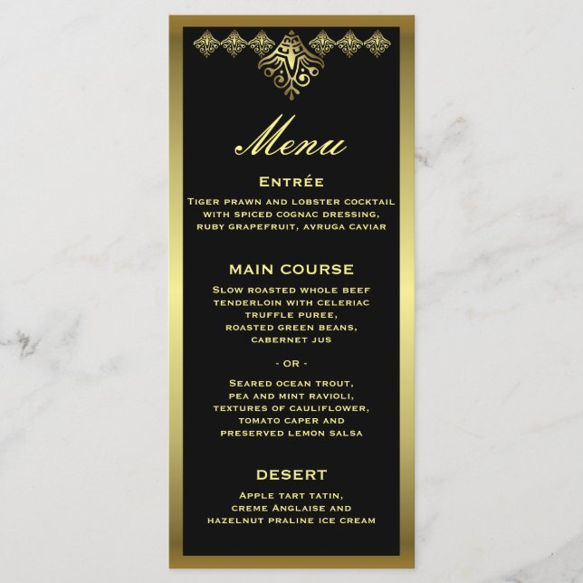 Elégant Noir et Or Mariage Accueil Menu (Devant)