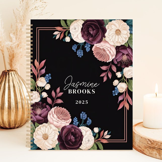 Élégant Noir et Plum Floral Nom personnalisé (Créateur téléchargé)