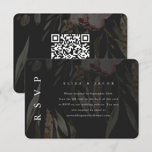 Elégant Noir Floral Mariage RSVP avec QR Code (Devant / Derrière)
