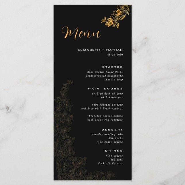 Elégant noir Golden Foliage Menu Mariage (Devant)