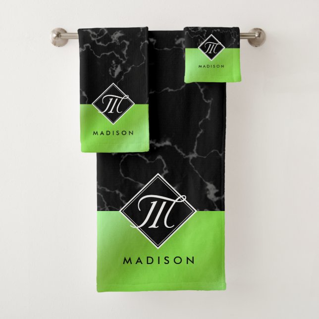 Élégant noir marbre et citron vert Monogramme à hu (En situation)
