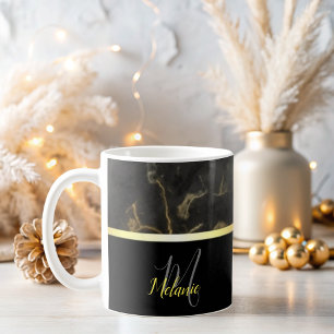 élégant Noir marbre or monogramme Café Mug
