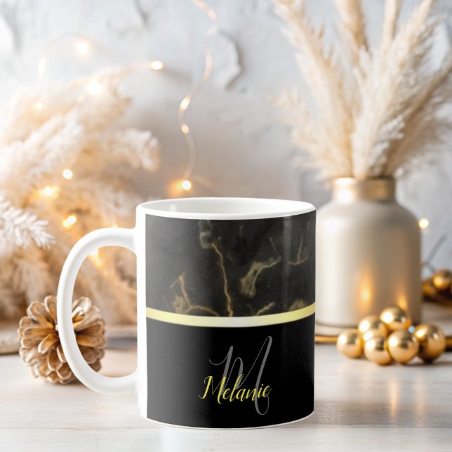 élégant Noir marbre or monogramme Café Mug (Créateur téléchargé)