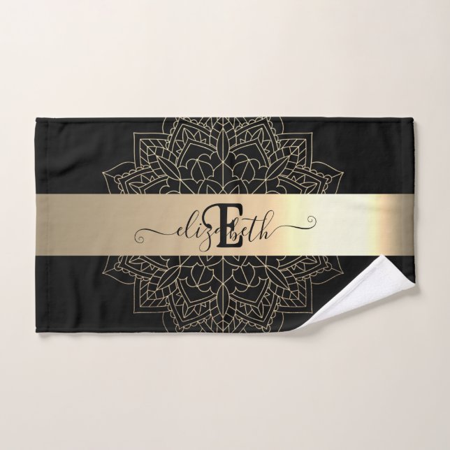 Élégant Noir moderne Grille d'or floral Mandala (Serviette à main)