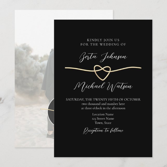 Elégant Noir Noir minimaliste Mariage Invitation (Devant / Derrière)